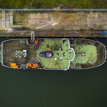 Top down aerial image of Mersey Ferry laid up awaiting Refurbishment