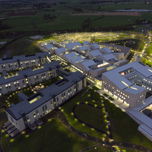 Aerial image of Dumfries and Galloway Royal Infirmary at Dusk